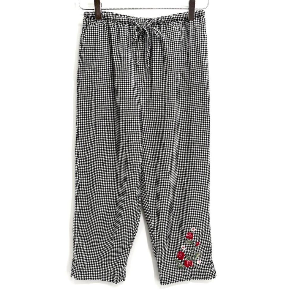 Vintage Gingham Embroidered Capri Pants Size S Girly Rose Cotton Black White